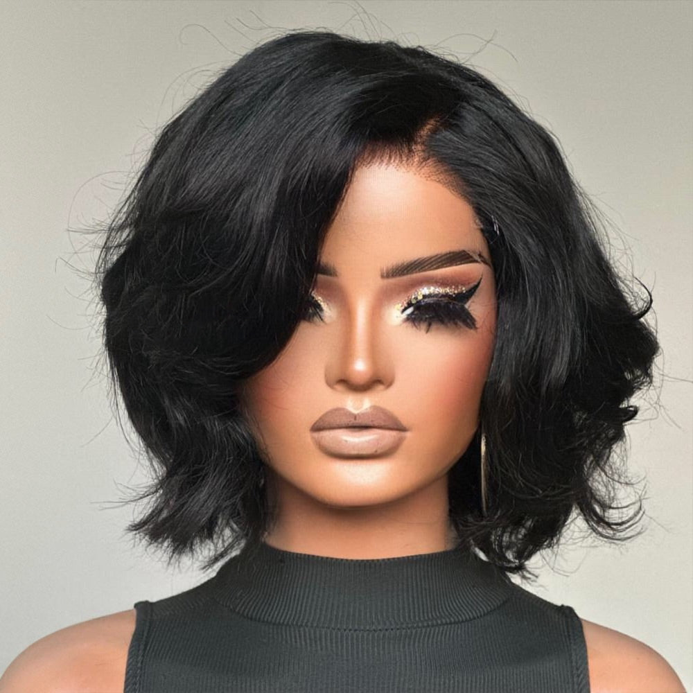 Fluffy Bob Chic And Elegant Ombre Brown Colored Short Wavy Human Hair Wigs