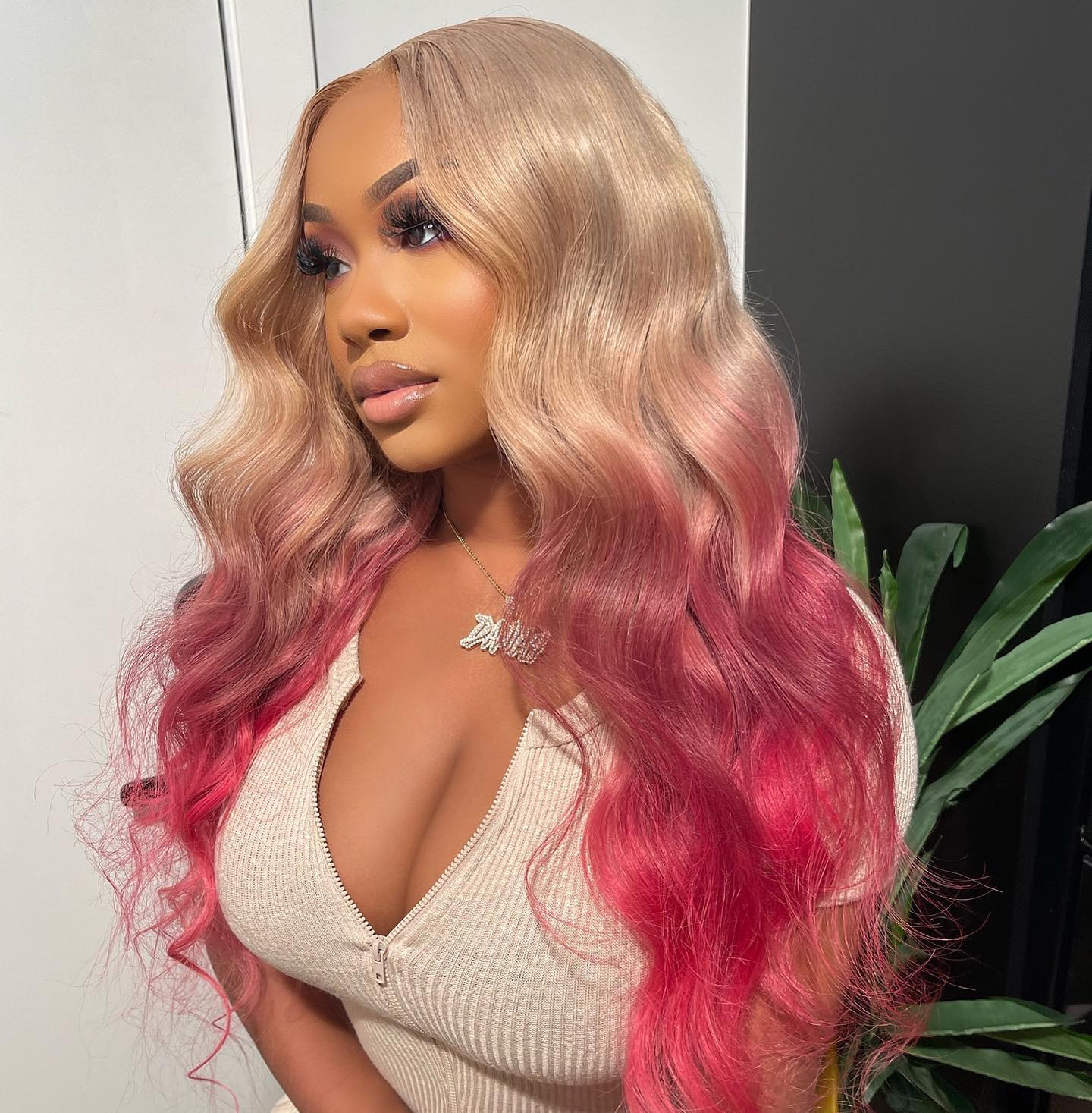 Ombre Platinum Blonde With Rose Pink HD Transparent 13x6 Lace Front Human Hair Wig Body Wave