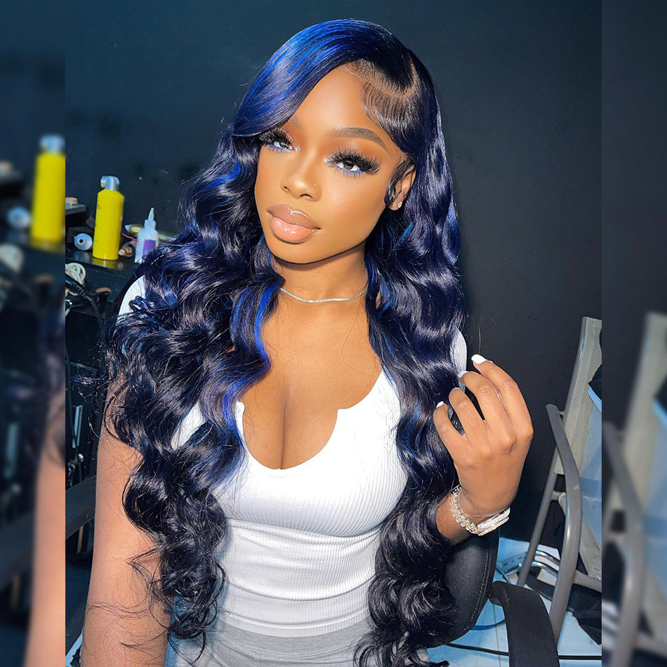 Hightlight Black With Blue 5x5 Glueless Lace Closure Ready To Go Wig 13x6 Lace Front Human Hair Wig