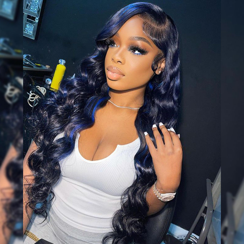 Hightlight Black With Blue 5x5 Glueless Lace Closure Ready To Go Wig 13x6 Lace Front Human Hair Wig