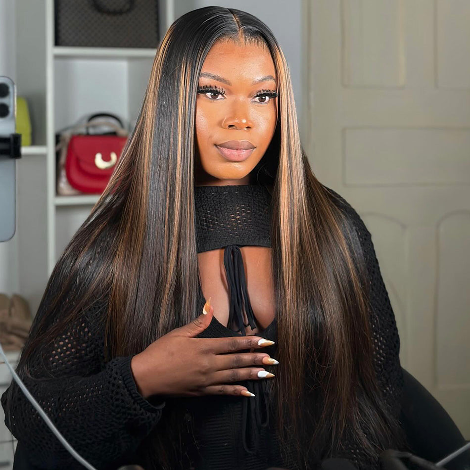 210% Density Highlight 1B/30# Colored Undetectable HD 5x5 13x4 Full Lace Frontal Closure Straight Human Hair Wigs