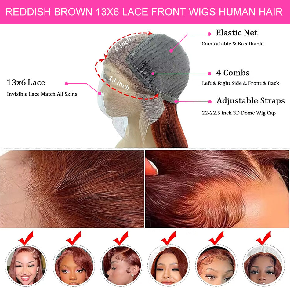 13x6 Transparent Lace Front 6x5 Glueless Curly Human Hair Wigs 33# Auburn Reddish Brown Colored Wigs