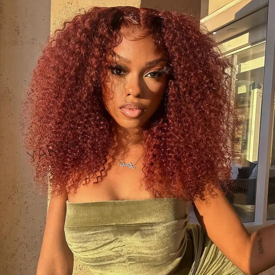 13x6 Transparent Lace Front 6x5 Glueless Curly Human Hair Wigs 33# Auburn Reddish Brown Colored Wigs