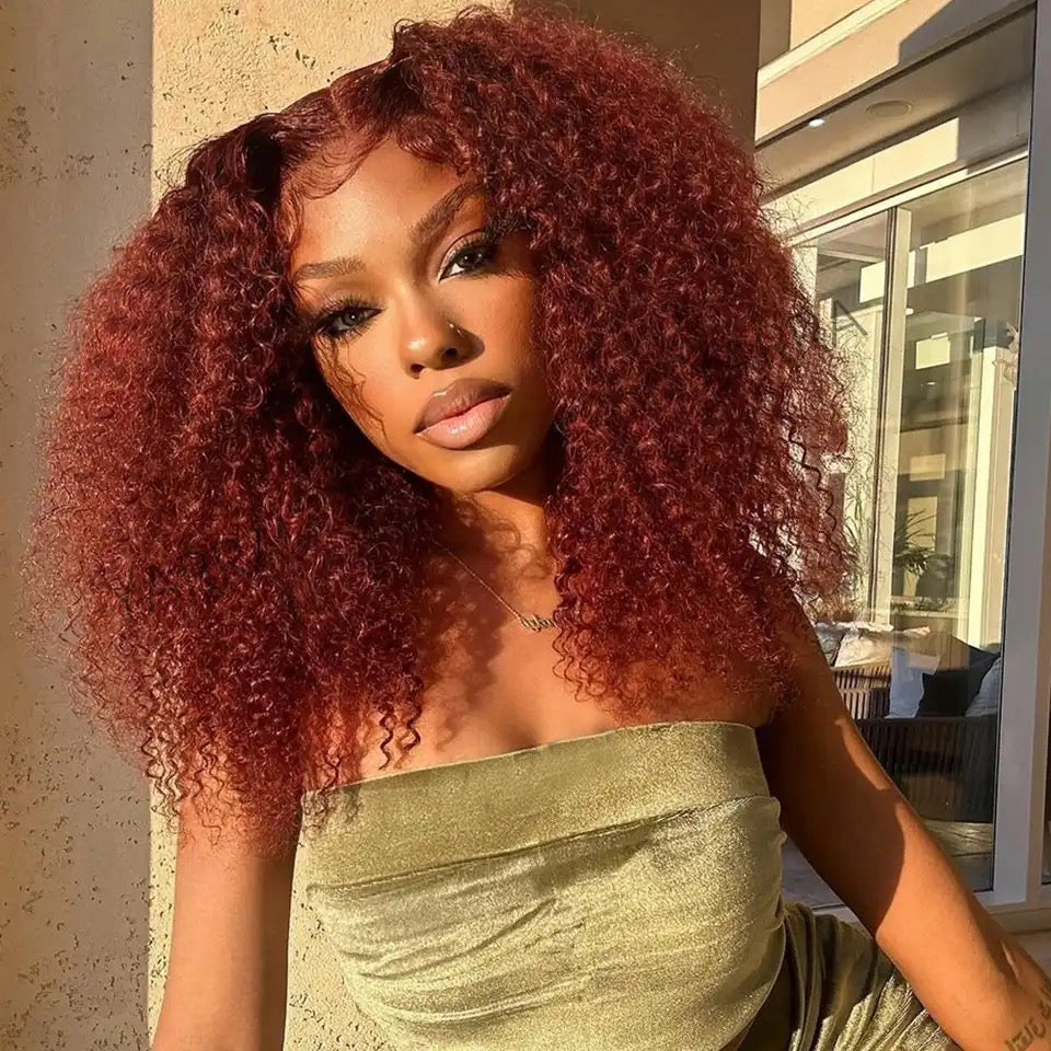 13x6 Transparent Lace Front 6x5 Glueless Curly Human Hair Wigs 33# Auburn Reddish Brown Colored Wigs
