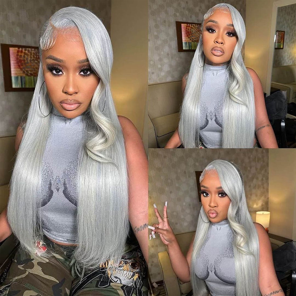 210% Density Silver Gray Colored 13x6 Lace Front Human Hair Wigs