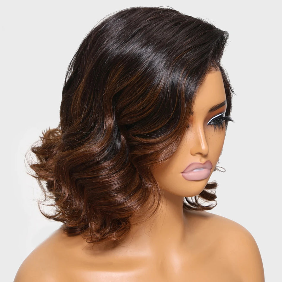 Fluffy Bob Chic And Elegant Ombre Brown Colored Short Wavy Human Hair Wigs