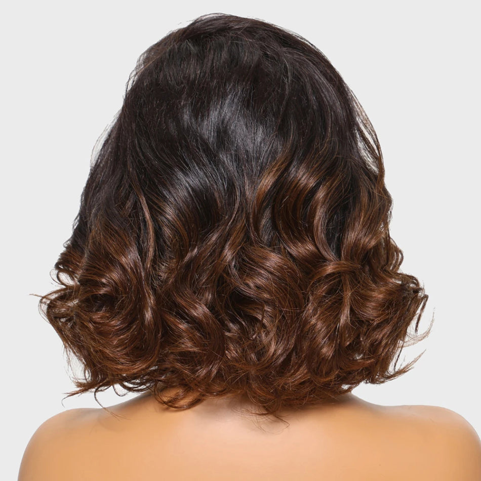 Fluffy Bob Chic And Elegant Ombre Brown Colored Short Wavy Human Hair Wigs