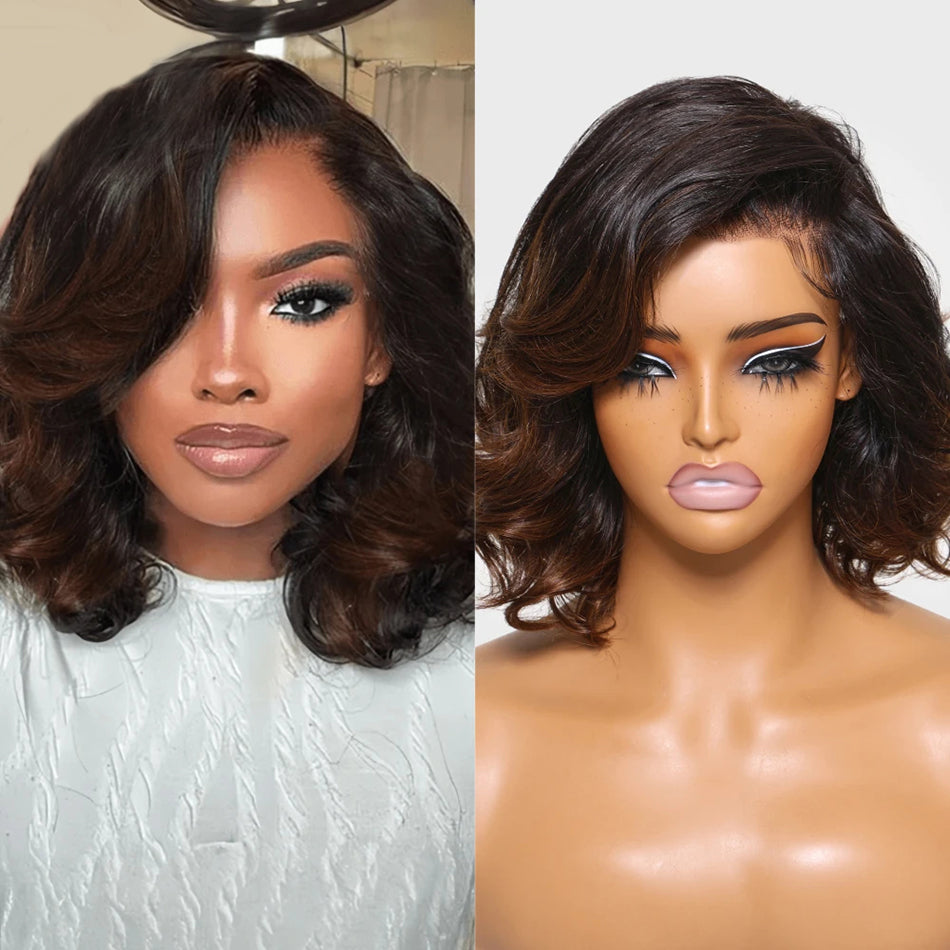 Fluffy Bob Chic And Elegant Ombre Brown Colored Short Wavy Human Hair Wigs