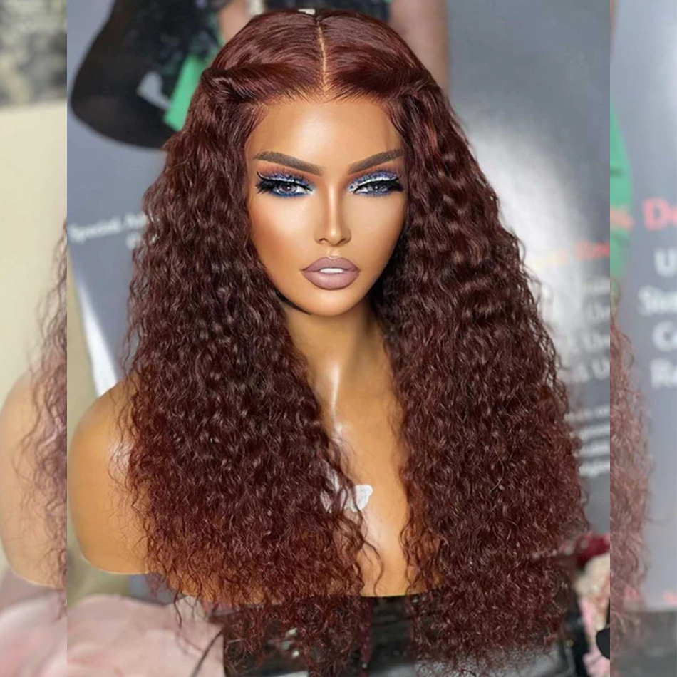 13x6 Transparent Lace Front 6x5 Glueless Curly Human Hair Wigs 33# Auburn Reddish Brown Colored Wigs