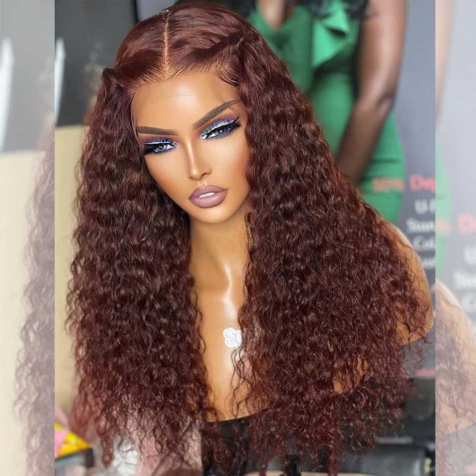 13x6 Transparent Lace Front 6x5 Glueless Curly Human Hair Wigs 33# Auburn Reddish Brown Colored Wigs