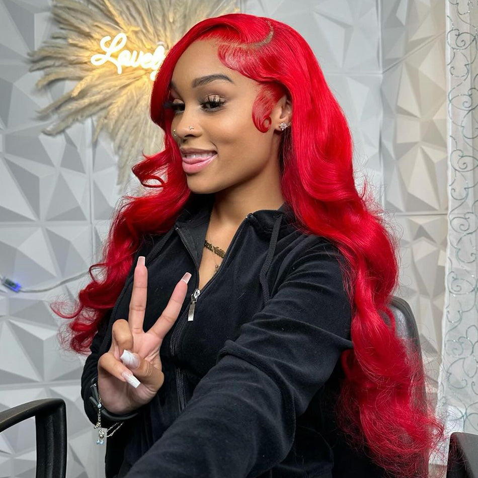 210% Density Bright Red Colored HD Transparent Lace Front 13x6 Brazilian Human Hair Wig