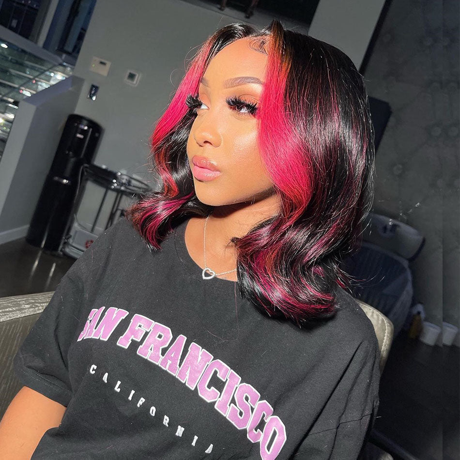 Skunk Stripe Pink Colored Human Hair Wigs