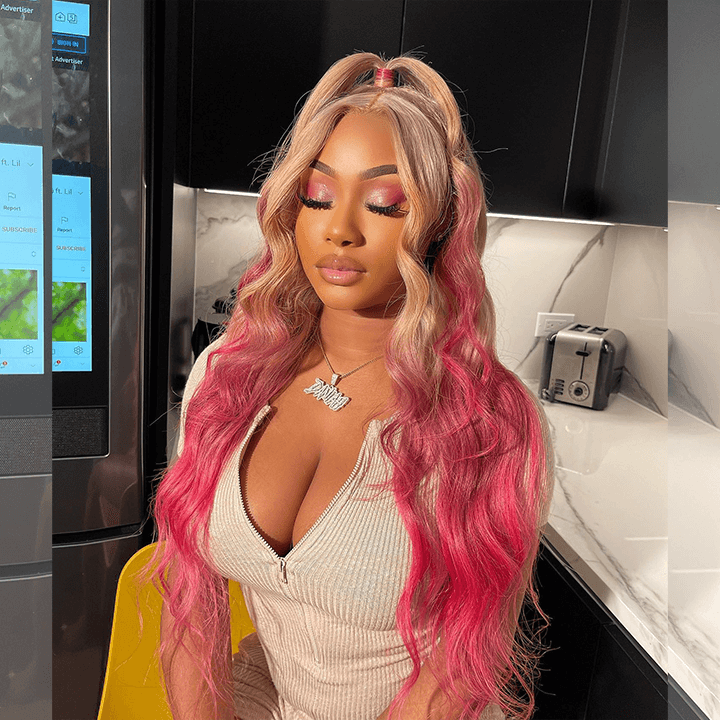 Ombre Platinum Blonde With Rose Pink HD Transparent 13x6 Lace Front Human Hair Wig Body Wave