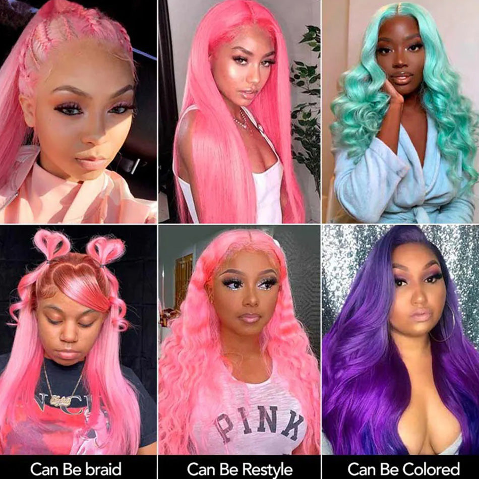 210% Density Customized Colored Pink Wigs Human Hair Pre Plucked HD Transparent 13x6 Brazilian Straight Lace Front Wigs