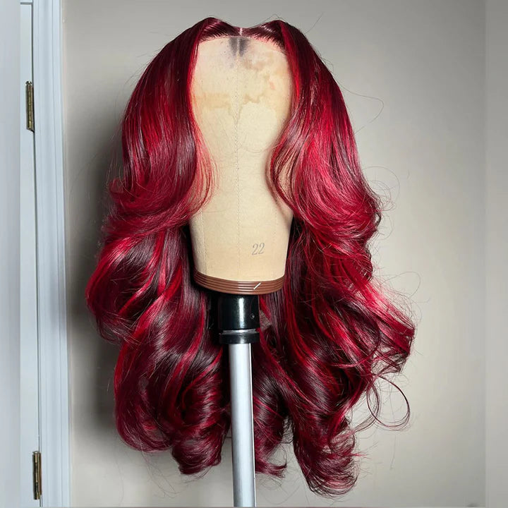 250% Double Drawn Weft Made 99J/Red Highlights Colored 6x5 Glueless Ready To Wear