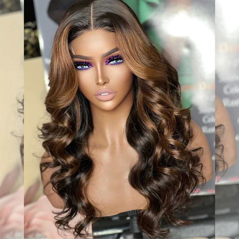 Hairstylist Works 250% Luxurious 6x5 Highlight Brown Colored Lace Closure Human Hair Wigs Body Wave