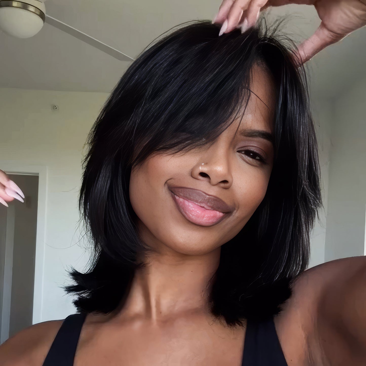 Face-Framing Sleek Swoop Bangs Layered Bob 5x5 Glueless Lace Human Hair Wig
