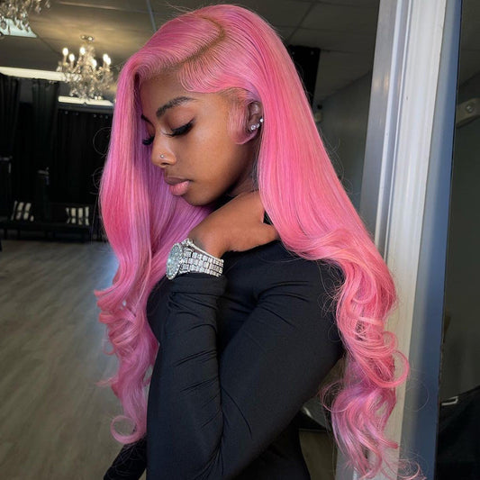 210% Density Special Customized Rose Pink Colored HD Transparent 13x6 Lace Front Human Hair Wigs
