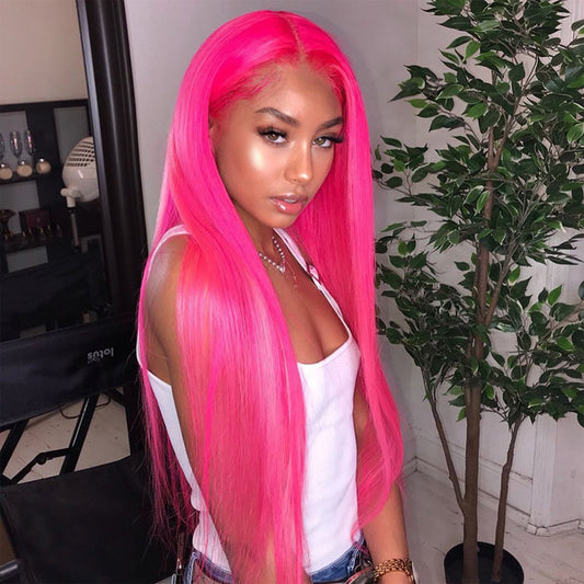 Special Customized Rose Red Colored HD Transparent 13x6 Lace Front Human Hair Wigs