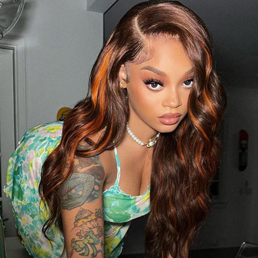 Highlight Chocoalte Brown With Ginger Colored 13x6 Lace Front Closure Wig 5x5 Glueless Ready To Go Human Hair Wig