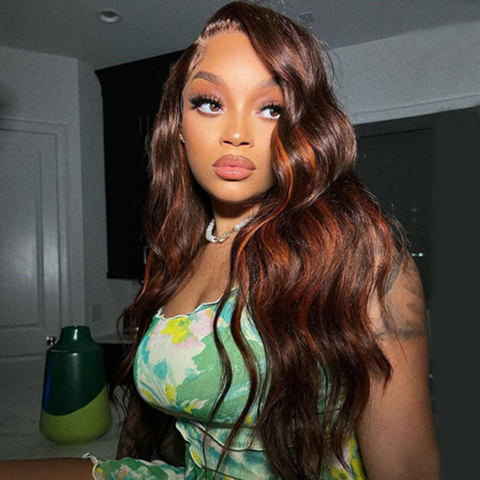 Highlight Chocoalte Brown With Ginger Colored 13x6 Lace Front Closure Wig 5x5 Glueless Ready To Go Human Hair Wig