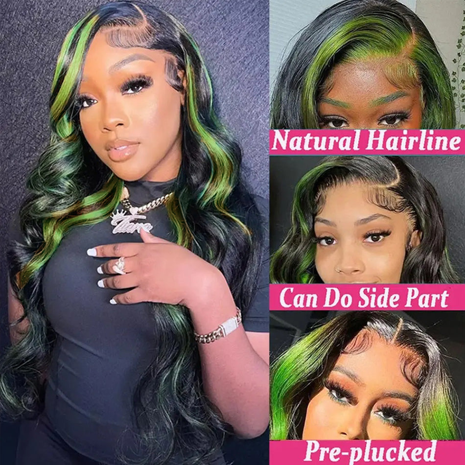 Highlight Black With Green 13x6 Lace Closure Front Wig 5x5 Glueless Ready To Go Human Hair Wigs Body Wave