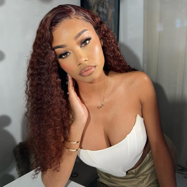 Reddish Brown Colored 5x5 13x6 Lace Front Closure Wig Curly 5x6 Ready To Go Human Hair Wigs