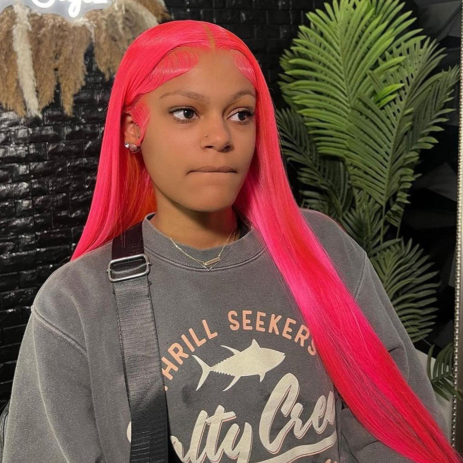 Special Customized Rose Red Colored HD Transparent 13x6 Lace Front Human Hair Wigs