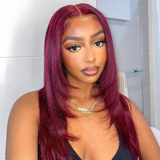 Layered Cut #99j Colored 13x6 Lace Closure Front Wig 5x5 Ready To Go Human Hair Wigs