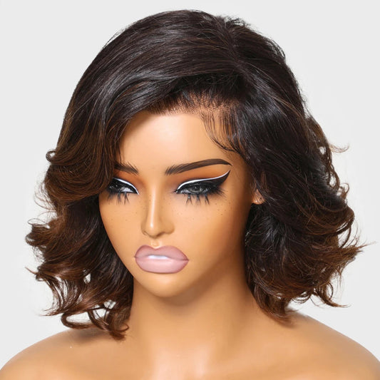 Fluffy Bob Chic And Elegant Ombre Brown Colored Short Wavy Human Hair Wigs