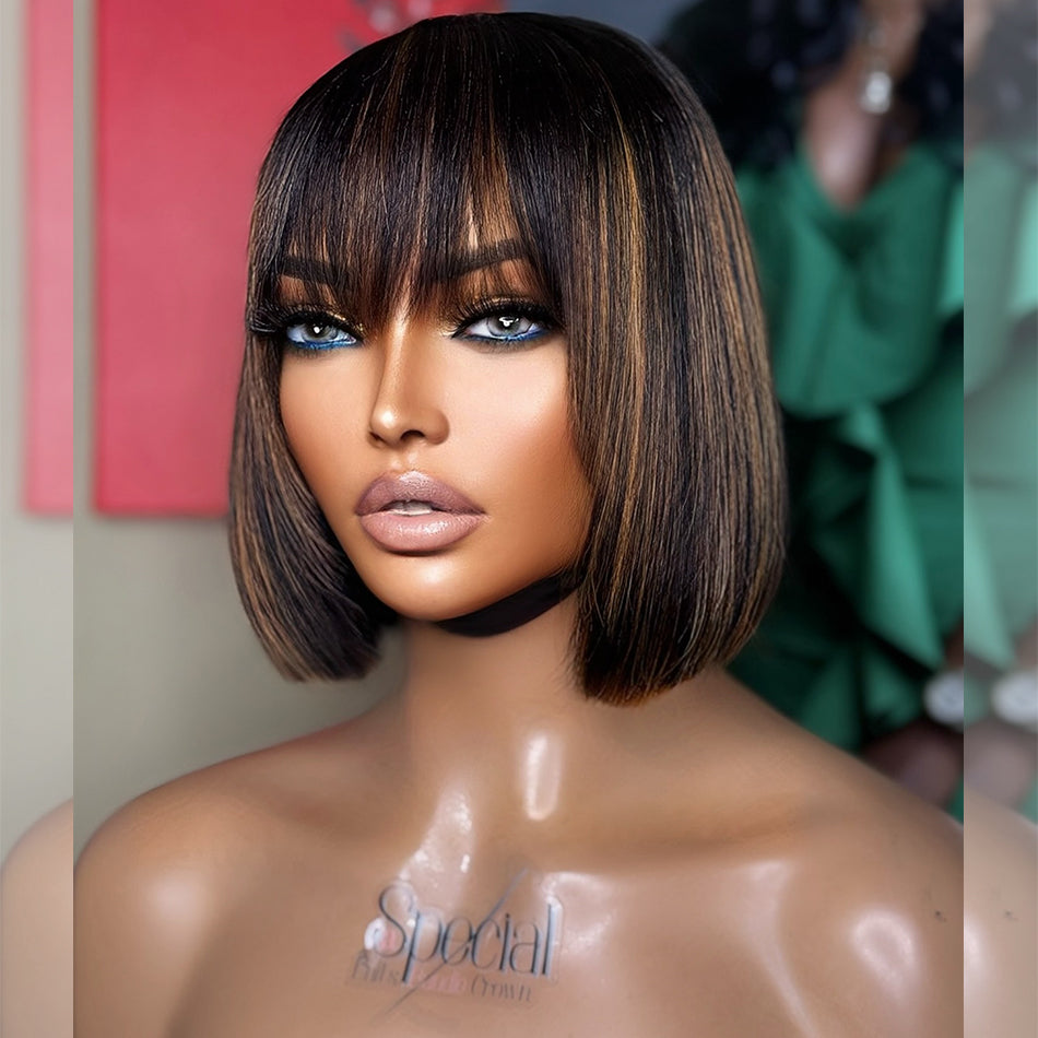 Bob Wigs With Bang Slightly Layered Cut Glueless Lace Human Hair Bob Wigs