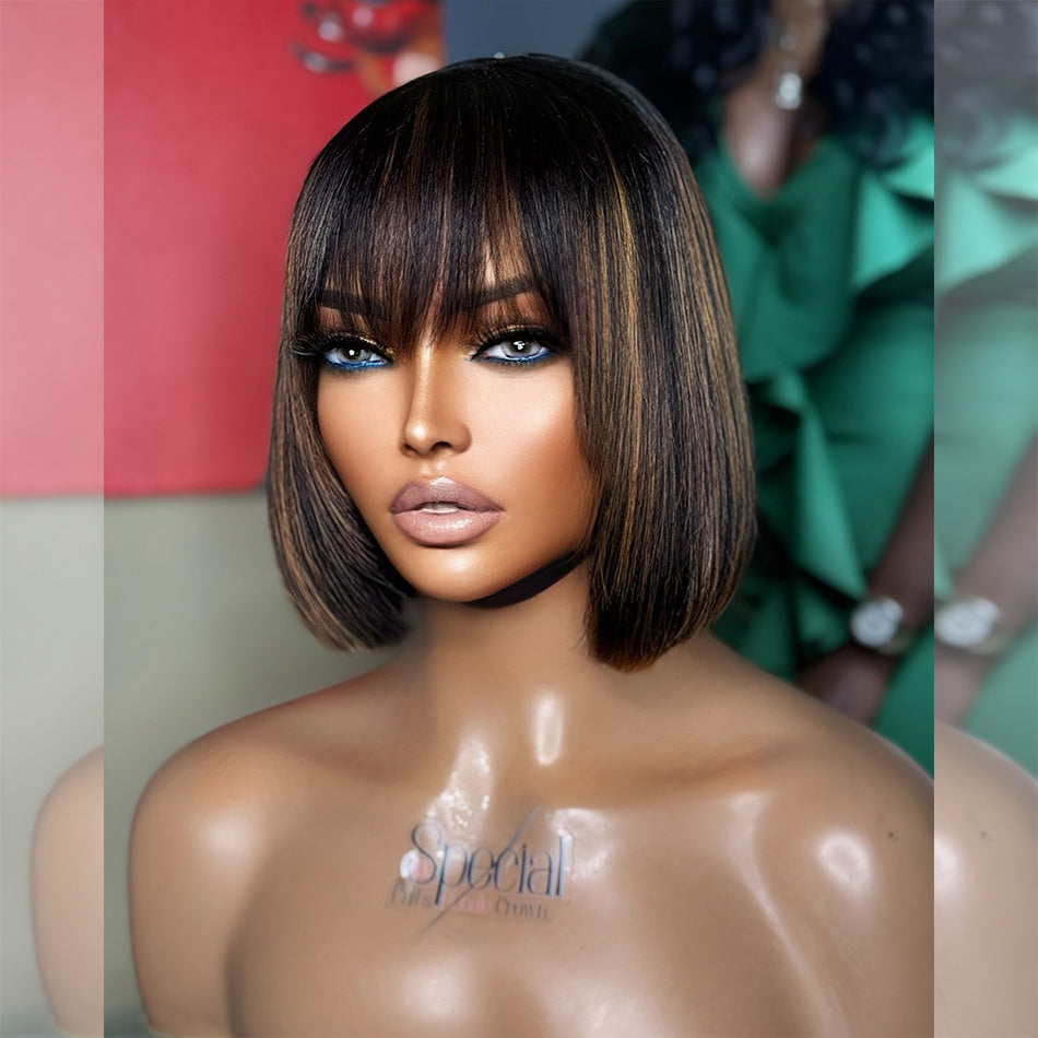 Bob Wigs With Bang Slightly Layered Cut Glueless Lace Human Hair Bob Wigs