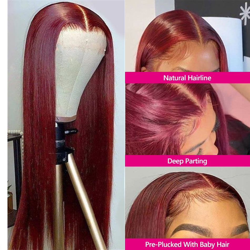 SUPER DEAL ! 99j Burgundy Colored 13x4 Lace Front Human Hair Wigs Straight With Affordable Price