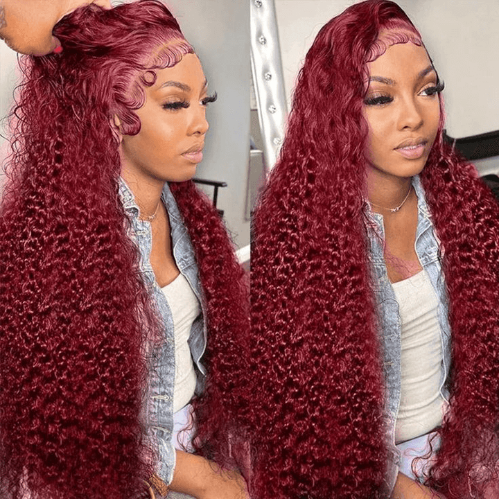 Reddish Burgundy Colored 13x6 Lace Front Closure Curly 5x5 Glueless Ready To Go Human Hair Wigs