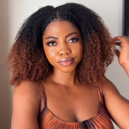 Natural Curly Ombre Brown Colored Seamless V-Part Wig,Can Be Weared No Leave Out, No Crochet