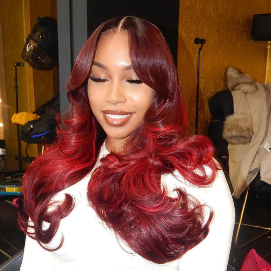 Double Drawn Weft Made Curtain Bangs Red Highlight Colored 6x5 Glueless Ready To Go Human Hair Wigs