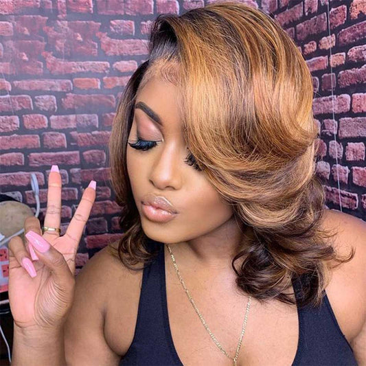 Highlight Colored Short Wavy Human Hair Wigs Full And Bouncy