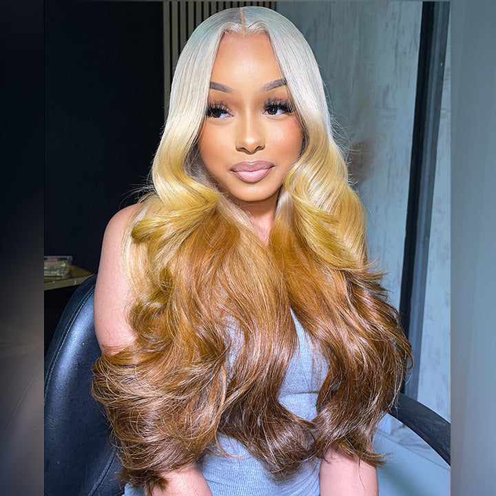 Platinum Blonde Three Tone Colored 250% Density 13x6 Lace Human Hair Wigs Body Wave