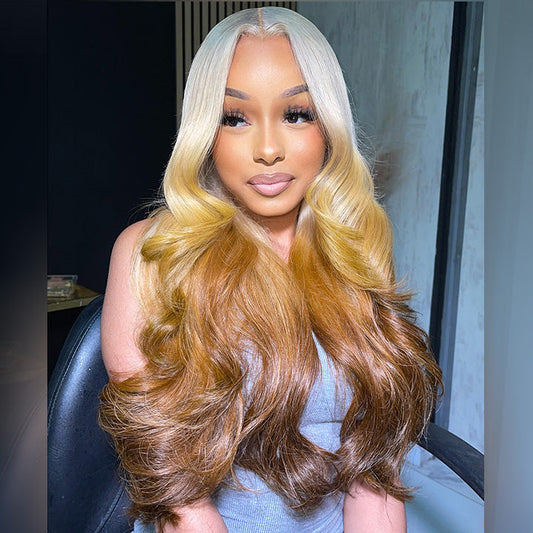 Platinum Blonde Three Tone Colored 250% Density 13x6 Lace Human Hair Wigs Body Wave