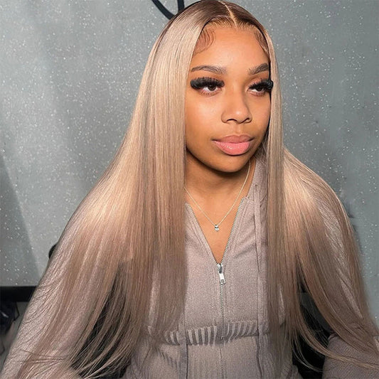 10A 250% Density Ash Blonde Colored 13x6 Lace Front Human Hair Wigs With Dark Roots