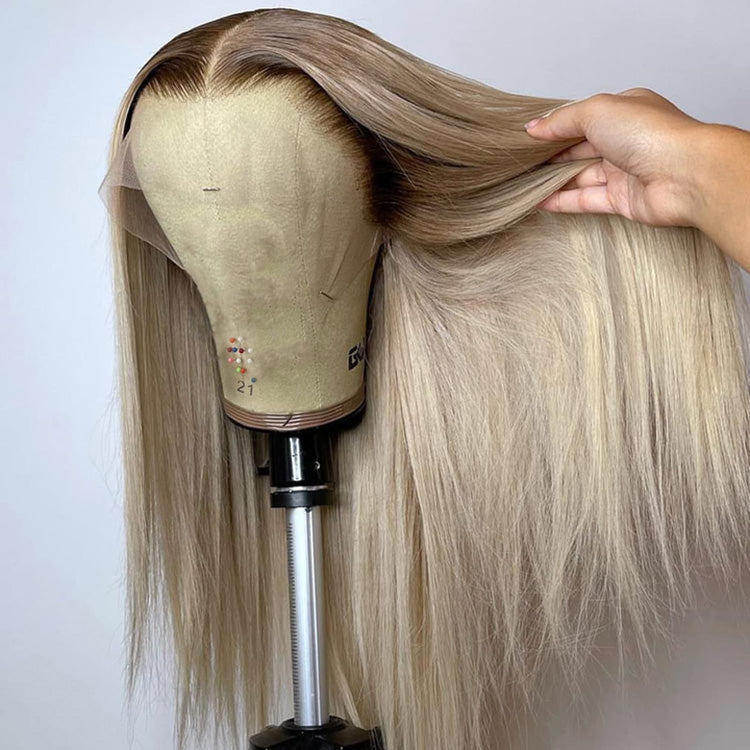 10A 250% Density Ash Blonde Colored 13x6 Lace Front Human Hair Wigs With Dark Roots