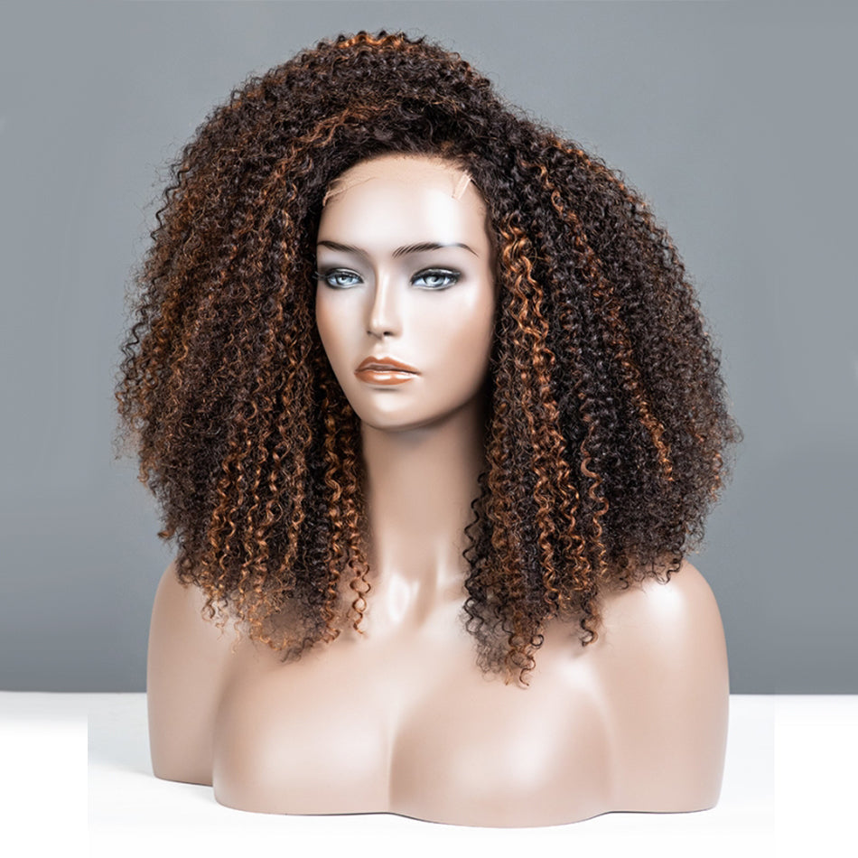 Coily Curly Highlight Blonde Colored Glueless Lace Wig Full And Bouncy