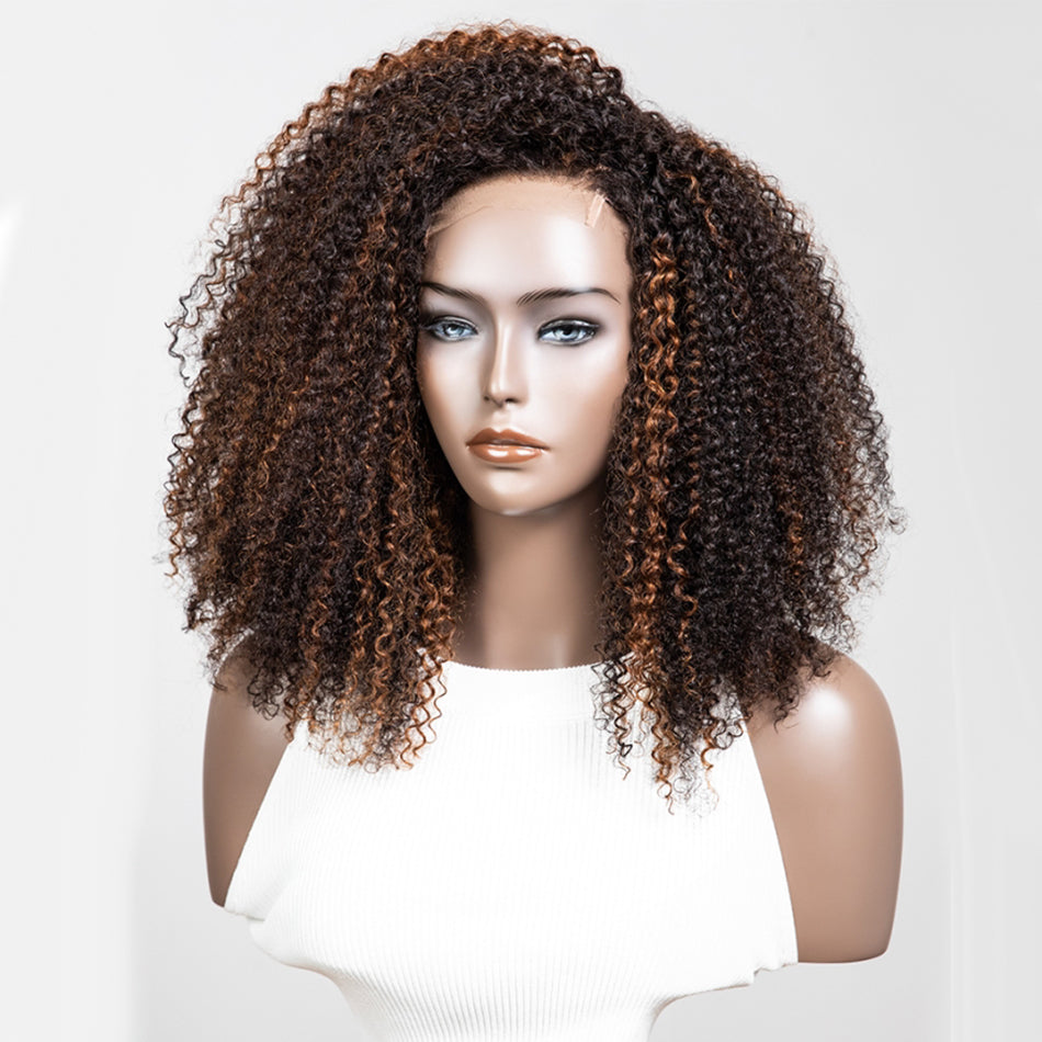 Coily Curly Highlight Blonde Colored Glueless Lace Wig Full And Bouncy