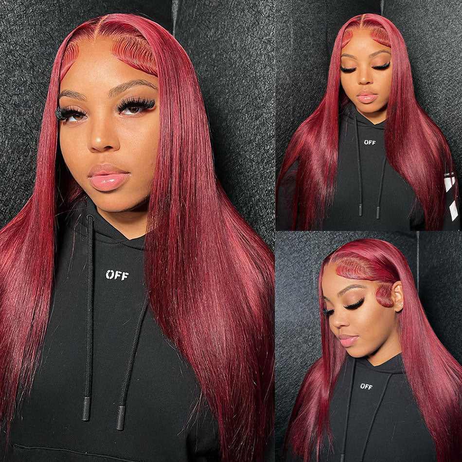 SUPER DEAL ! 99j Burgundy Colored 13x4 Lace Front Human Hair Wigs Straight With Affordable Price