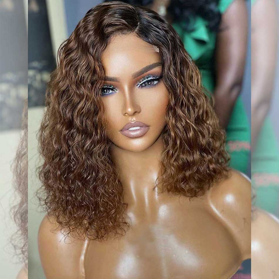 Asymmetric Curly Highlight Colored Bob Wigs Human Hair Wigs