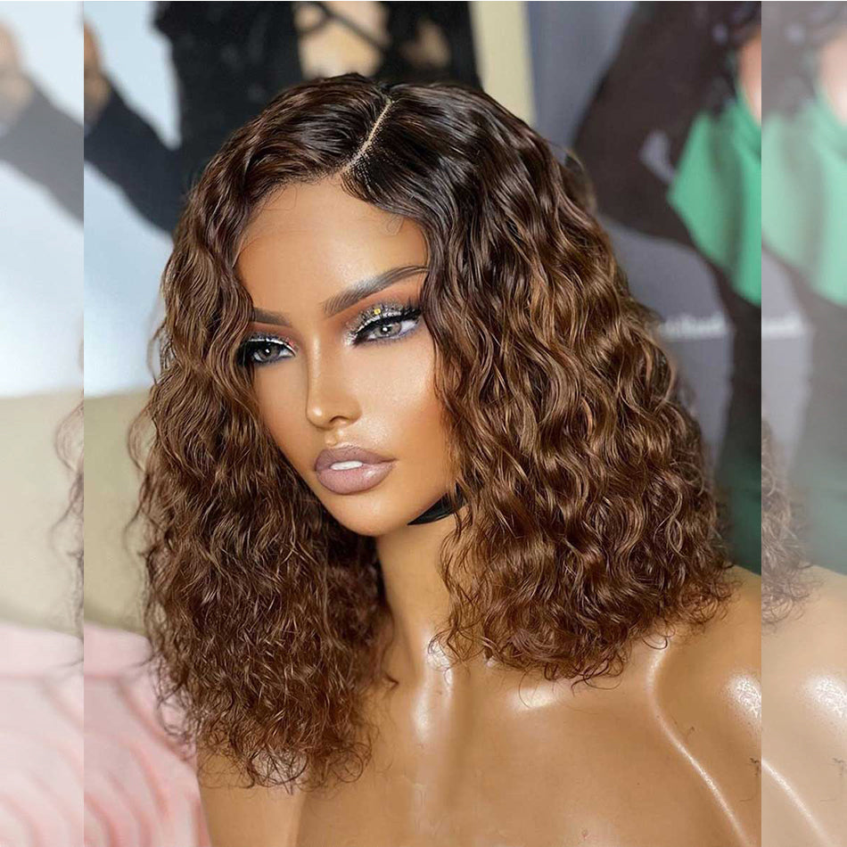 Asymmetric Curly Highlight Colored Bob Wigs Human Hair Wigs