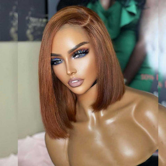 Asymmetric Brown Colored Bob Wigs Human Hair Straight 100% Remy Human Hair Wigs