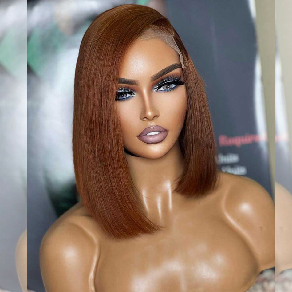 Asymmetric Brown Colored Bob Wigs Human Hair Straight 100% Remy Human Hair Wigs