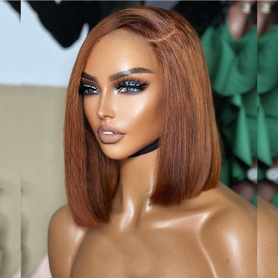 Asymmetric Brown Colored Bob Wigs Human Hair Straight 100% Remy Human Hair Wigs