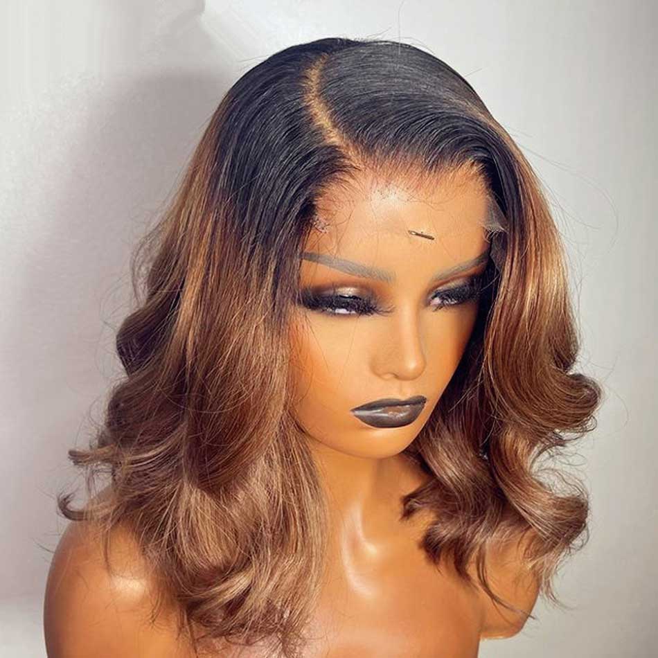 Ombre Brown Colored Bob Wigs Wavy Human Hair 100% Remy Lace Front Closure Remy Human Hair Wigs 180% Density